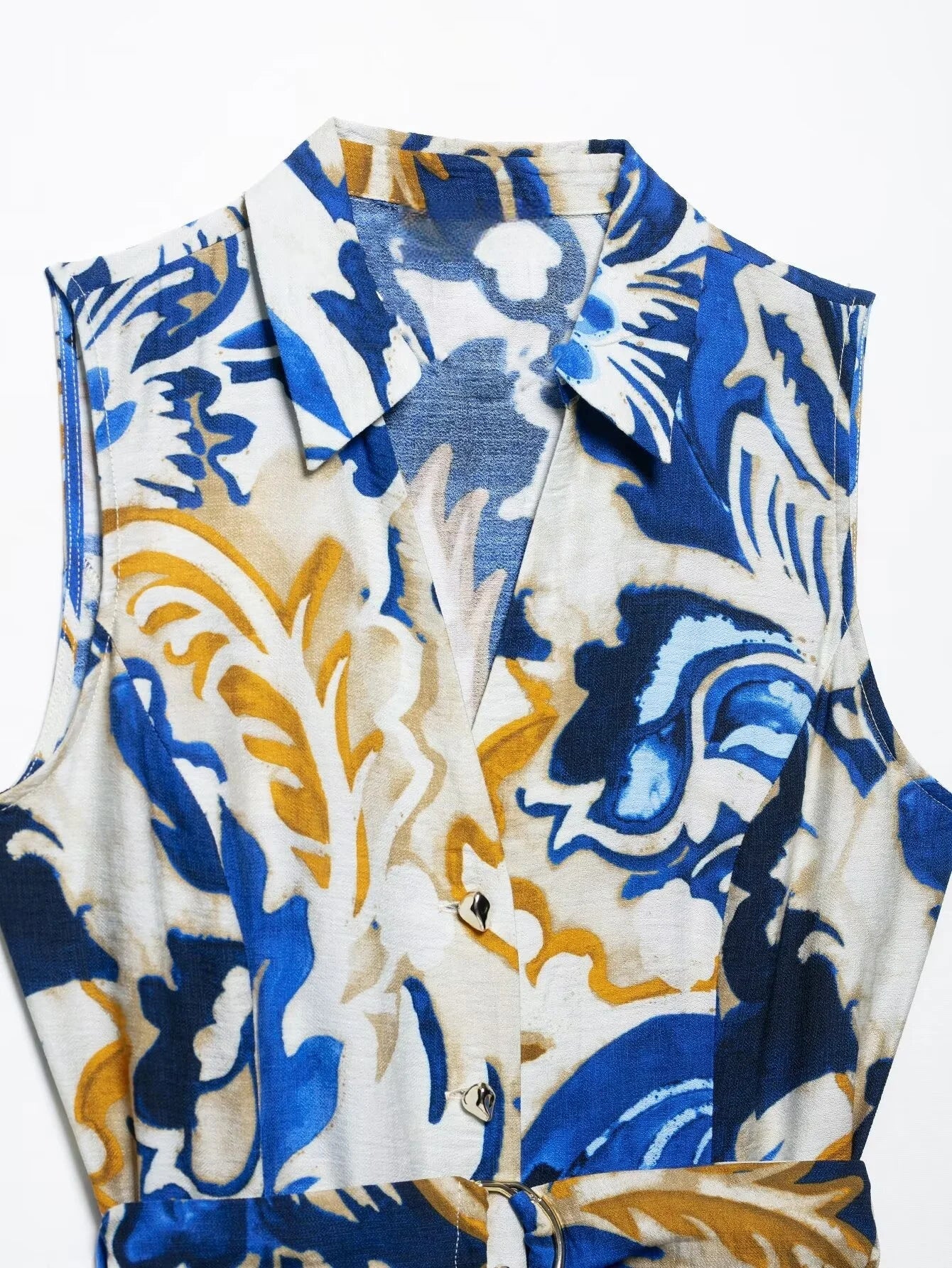 2025 Sleeveless Collared Maxi Dress  -  Belted Waist & Bold Abstract Print