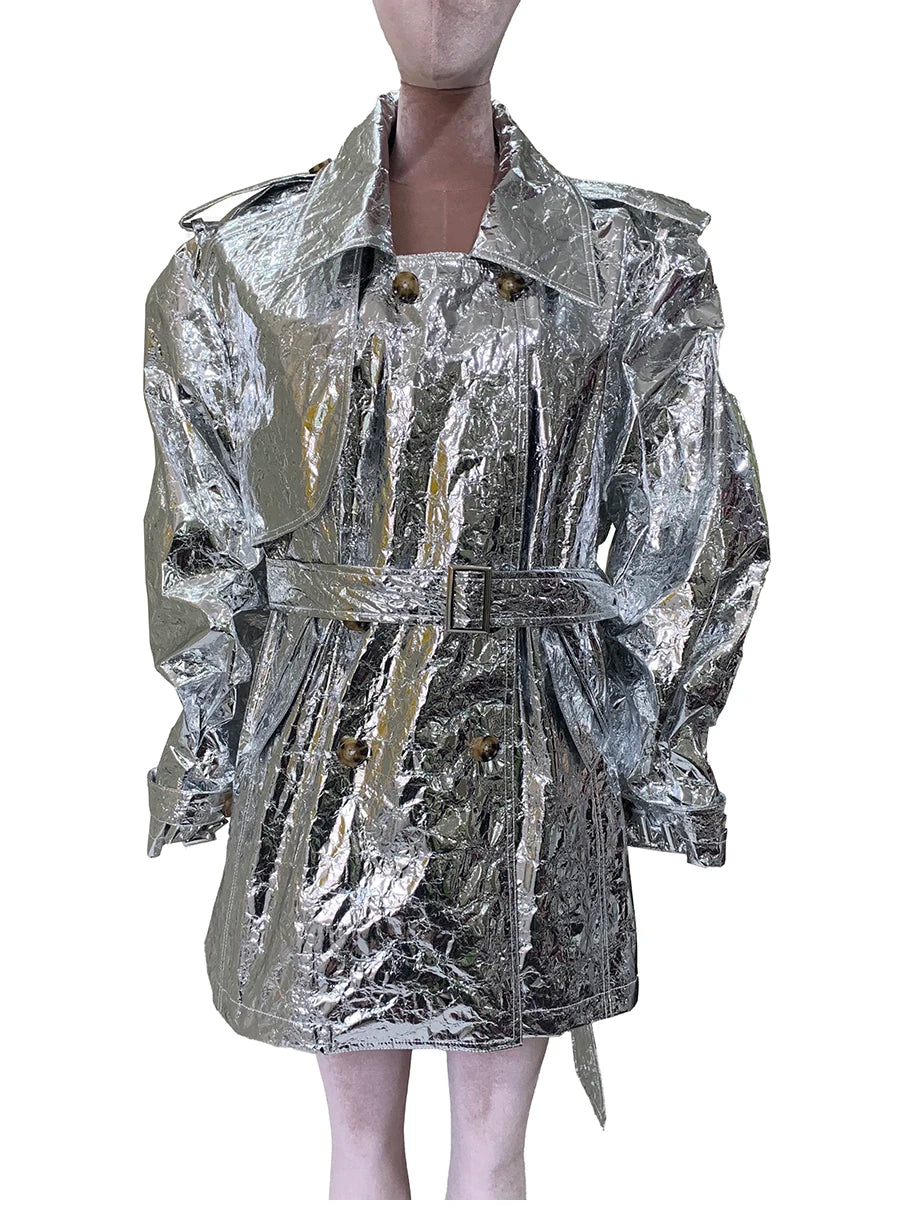 Autumn Oversized Shiny Silver Trench Coat for Women Belt Double Breasted European Fashion Emo Clothes Y2K Streetwear