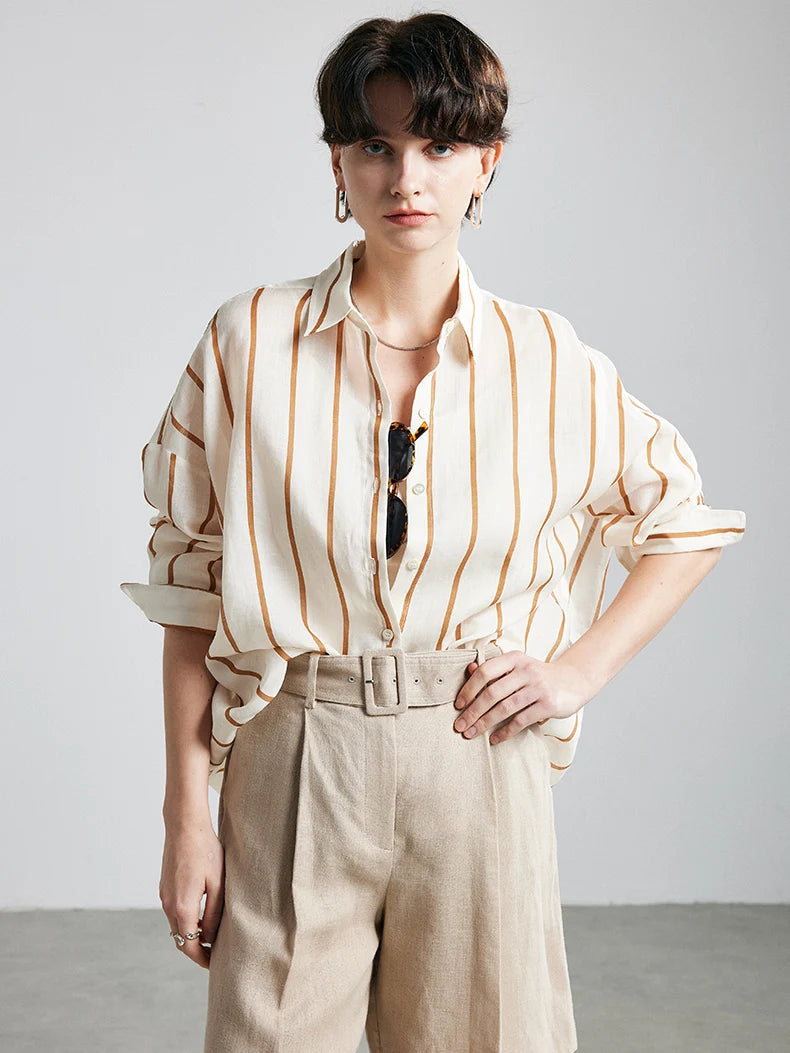 100% Ramie Printed Blouse  -  Women's Turn-Down Collar Shirt in Blue, Green, or Yellow