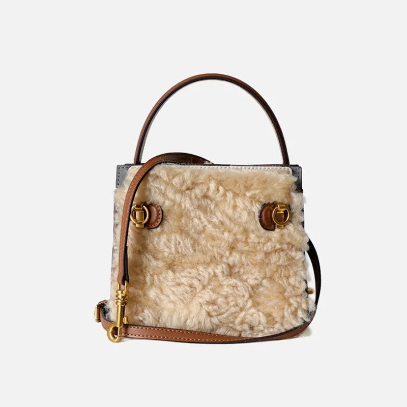 2025 Winter Fashion Women's Handbag — Fluffy Wool Fur Lambswool Tote with Real Leather Flap, Small Shoulder Bag in Khaki