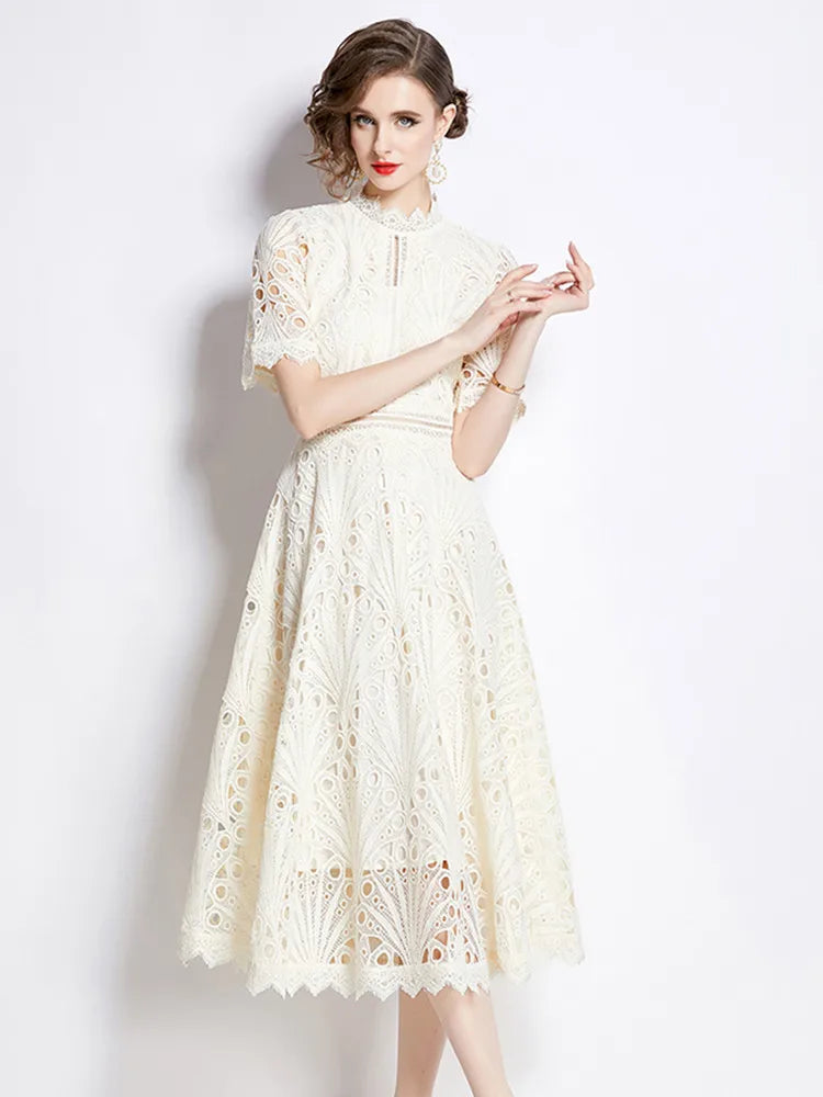 High-End Lace Hollow Out Summer Dress Women's Runway Embroidery Design Vintage Elegant Short Sleeve Dresses