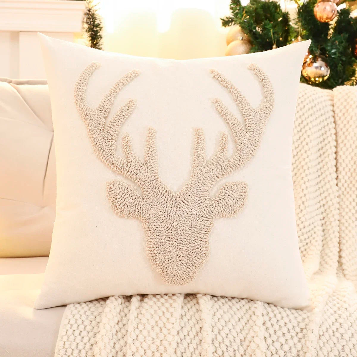 1 PC Christmas Decoration Throw Pillow Cover Embroidery Canvas Tufted Christmas Deer