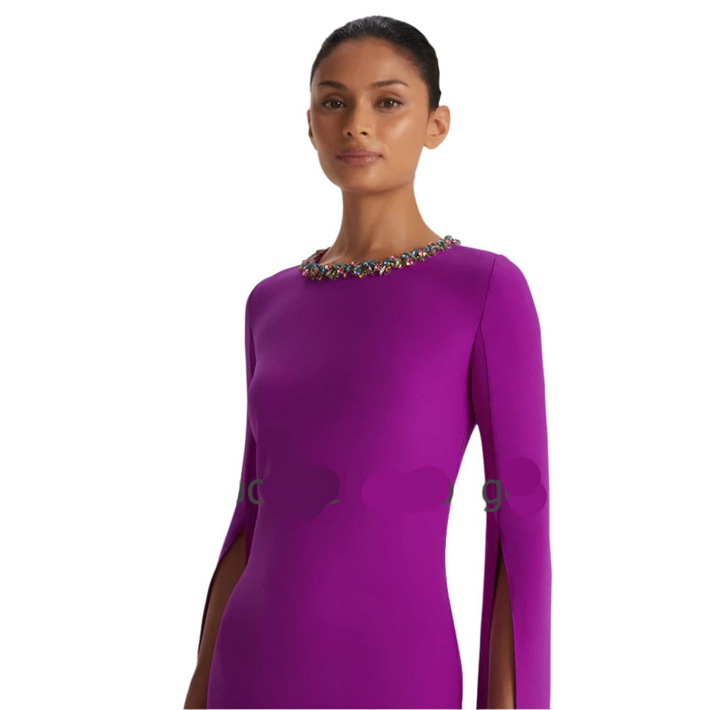 Dark Magenta Prom Dress  -  Jersey Rhinestone Bespoke Gown, Column Scoop Neck, Floor-Length