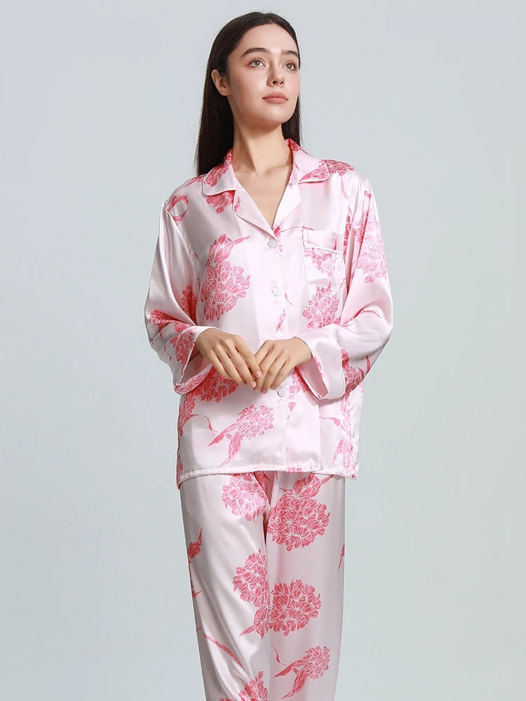 100% Real Silk Women’s Pajama Set – Printed Long-Sleeve Summer Home Suit