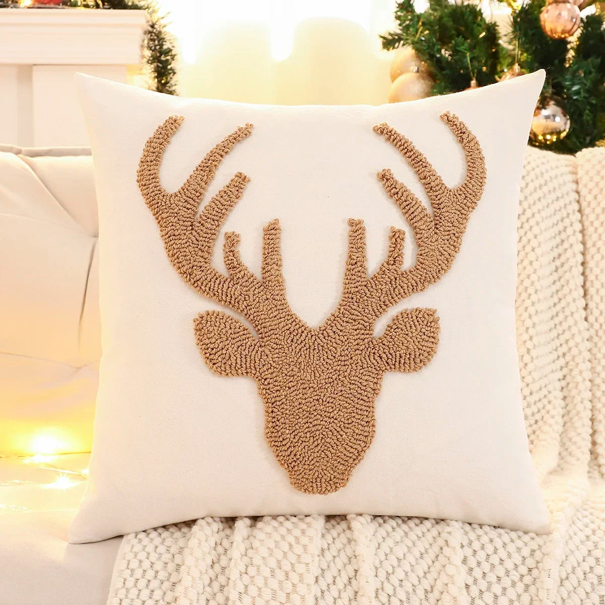 1 PC Christmas Decoration Throw Pillow Cover Embroidery Canvas Tufted Christmas Deer
