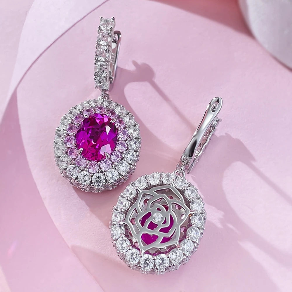 100% 925 Sterling Silver 8-M Oval Lab Sapphire Drop Earrings High Carbon Diamond Accents | Sparkling Fine Jewelry for Women