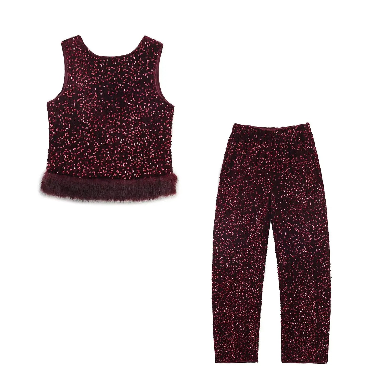 Chic Elegant Sequin Pants 2 Pieces Sets For Women Sequin Fur Vest Top Women's Suit 2026 New Year Party Woman Outfits 