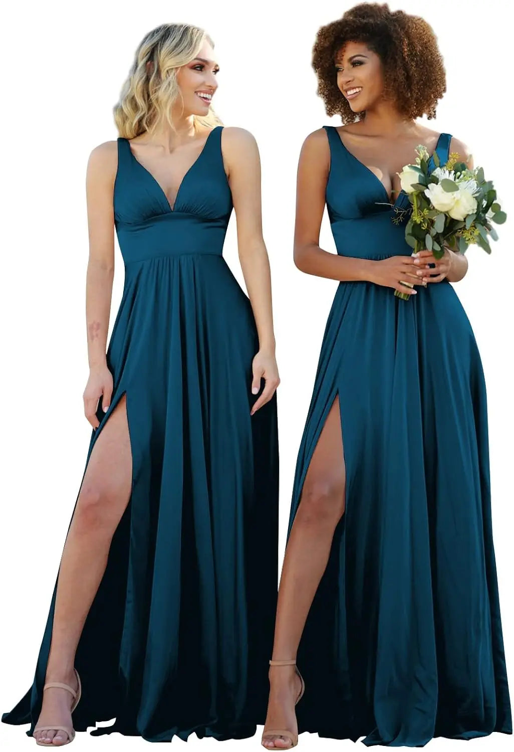 Champagne Gold Bridesmaid Dress – Elegant V-Neck Satin Chiffon Gown for Wedding, Prom & Formal Events