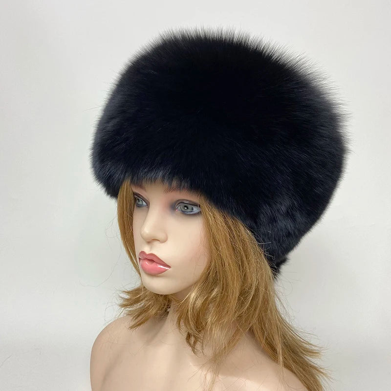 Winter Women's Fluffy Warm Round Hat – Natural Real Fox Fur Bomber Hat
