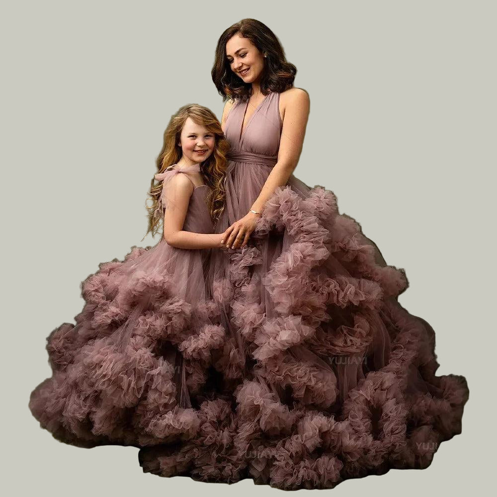 Mommy and Me Matching Dress Puffy Tulle Tiered Ruffles Mother and Daughter Dresses for Party or Photoshoot Family Look Ball Gown