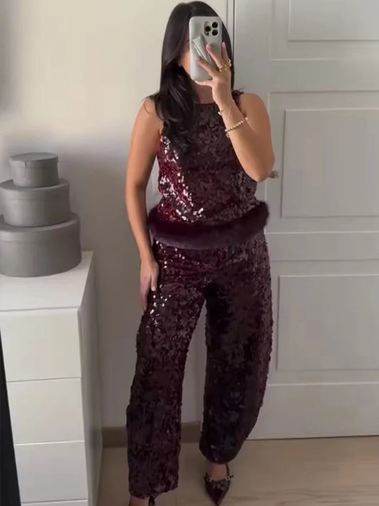 Purple sequin top and pants set with a person wearing it taking a mirror selfie. - HER SHOP