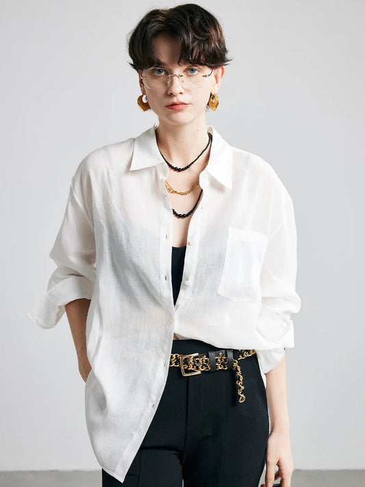 100% Ramie Solid Blouse  -  Women's Loose-Fit Shirt with Turn-Down Collar & Chest Pocket - HER SHOP