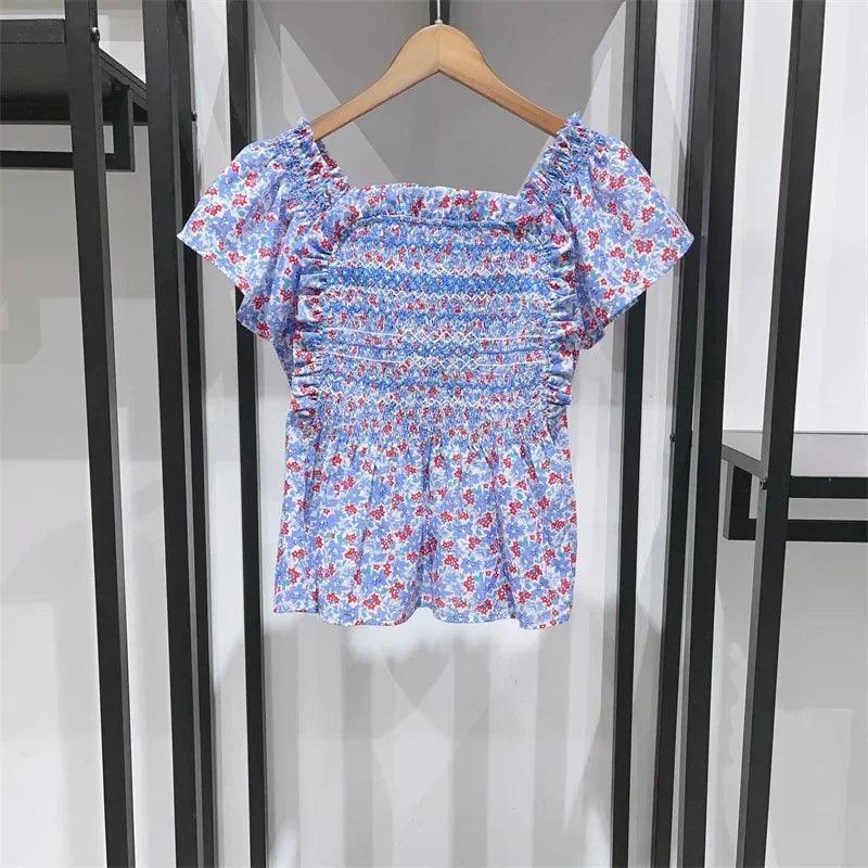 2028 Summer Retro Floral Square Neck Puff Sleeve Top, Skirt, and Dress for Women
