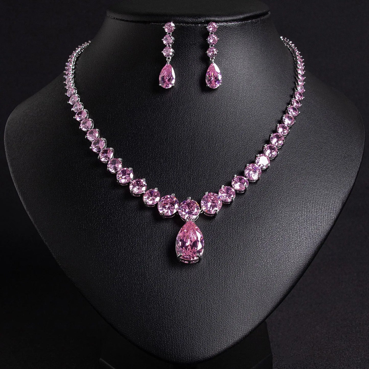 Water Drop Zircon Bridal Jewelry Set Pendant Necklace & Earrings for Wedding Dress or Any Special Occasion