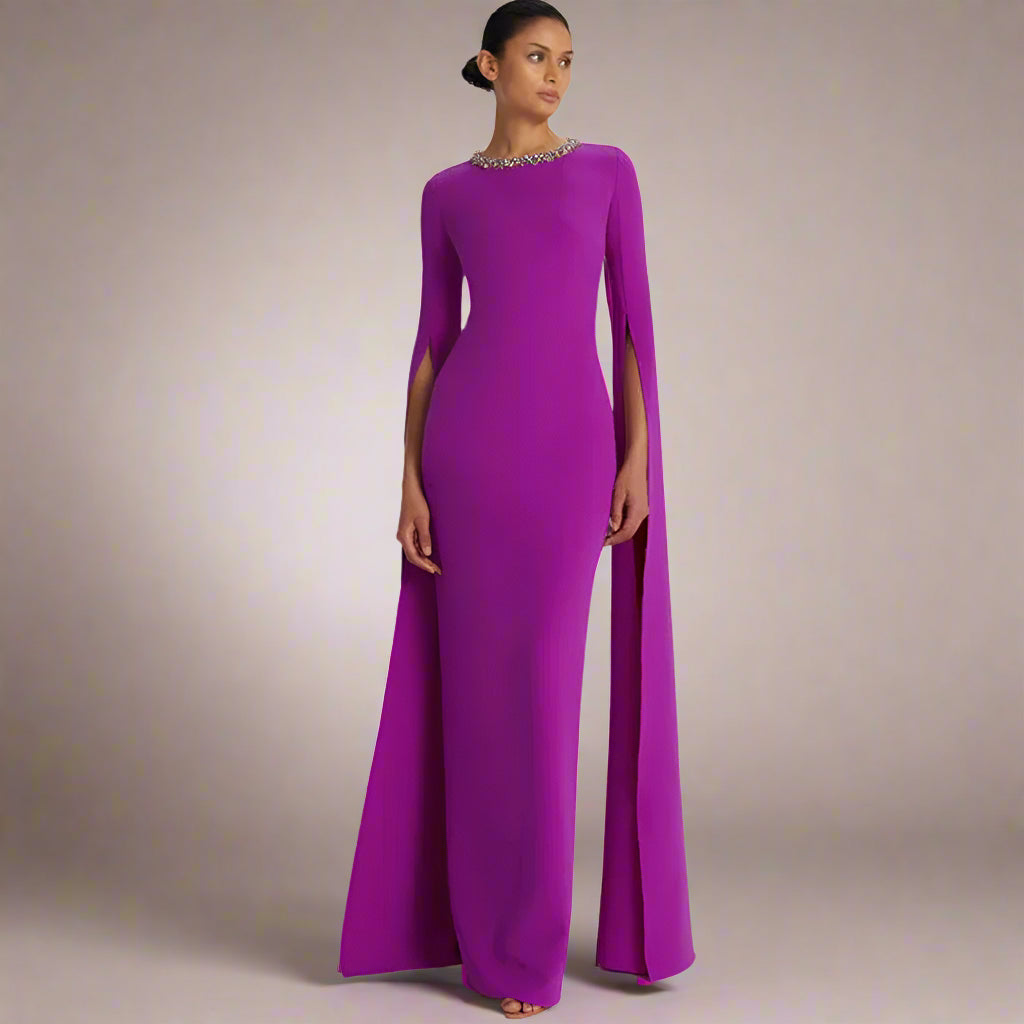 Dark Magenta Prom Dress  -  Jersey Rhinestone Bespoke Gown, Column Scoop Neck, Floor-Length