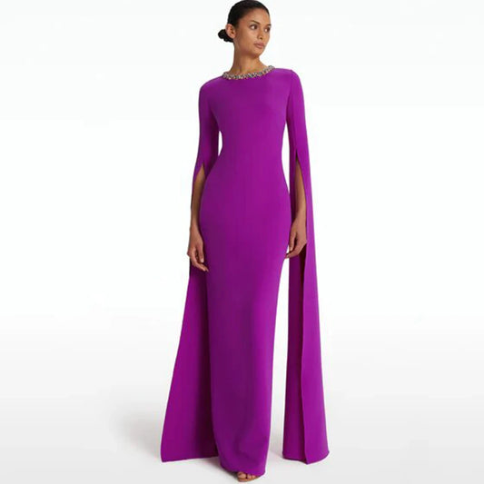 Dark Magenta Prom Dress - Jersey Rhinestone Bespoke Gown, Column Scoop Neck, Floor-Length - HER SHOP