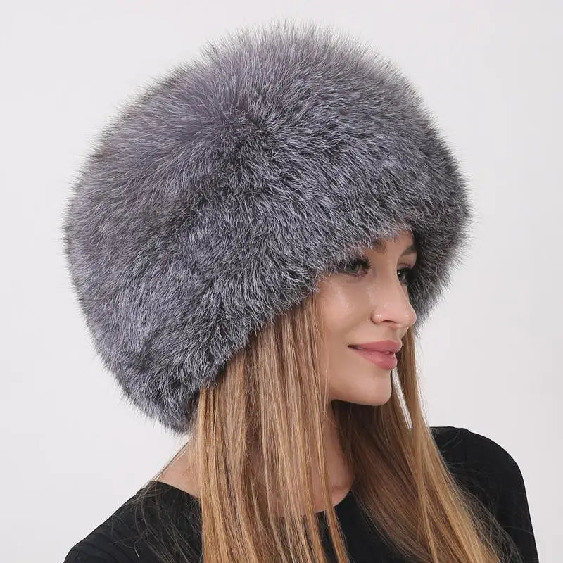 Winter Women's Fluffy Warm Round Hat – Natural Real Fox Fur Bomber Hat - HER SHOP