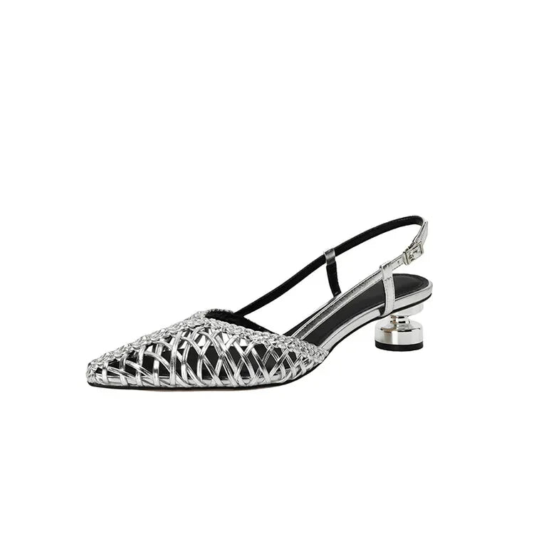 NEW Summer Women Sandals Split Leather Shoes for Women Pointed Toe Strange Heel Shoes Cover Toe Slingback Sandals Weave Sandals