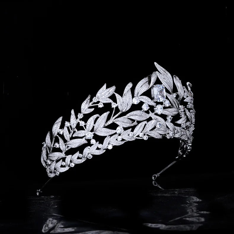Cubic Zirconia Leaf Tiara  -  Bridal Crown Headband for Brides, Princess or Queen Style Wedding Hair Accessories