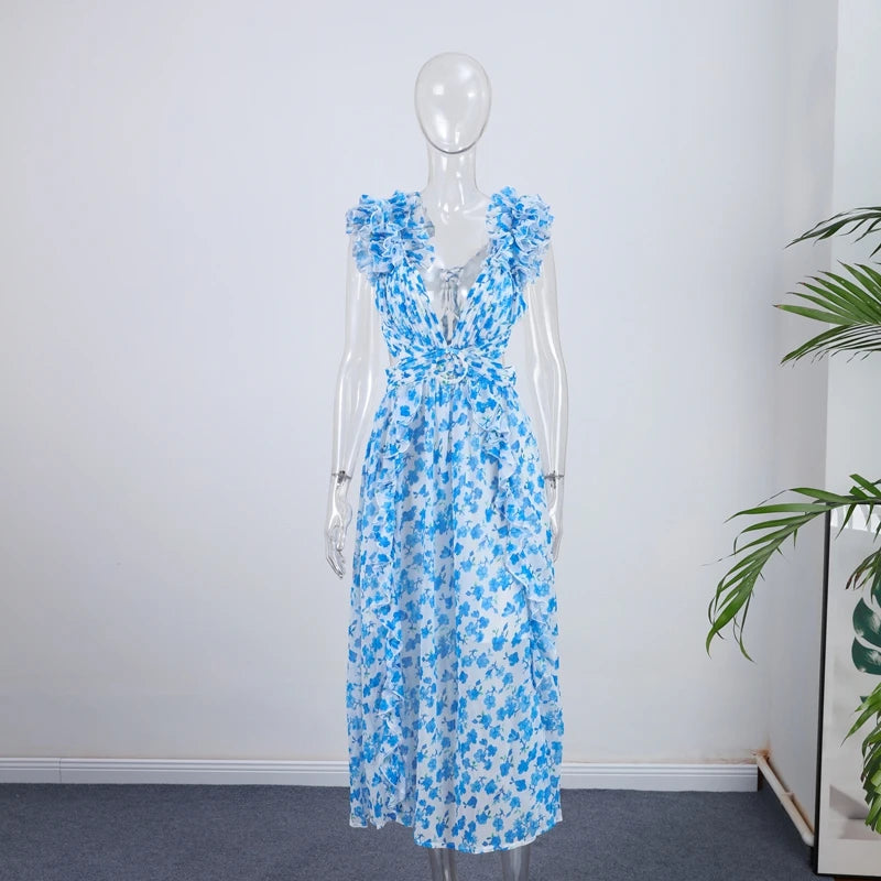 2025 New Women's Print Ruffle Hollow-Out Maxi Dress  -  Backless, Sleeveless, Lace-Up High Waist Split Beach Dress