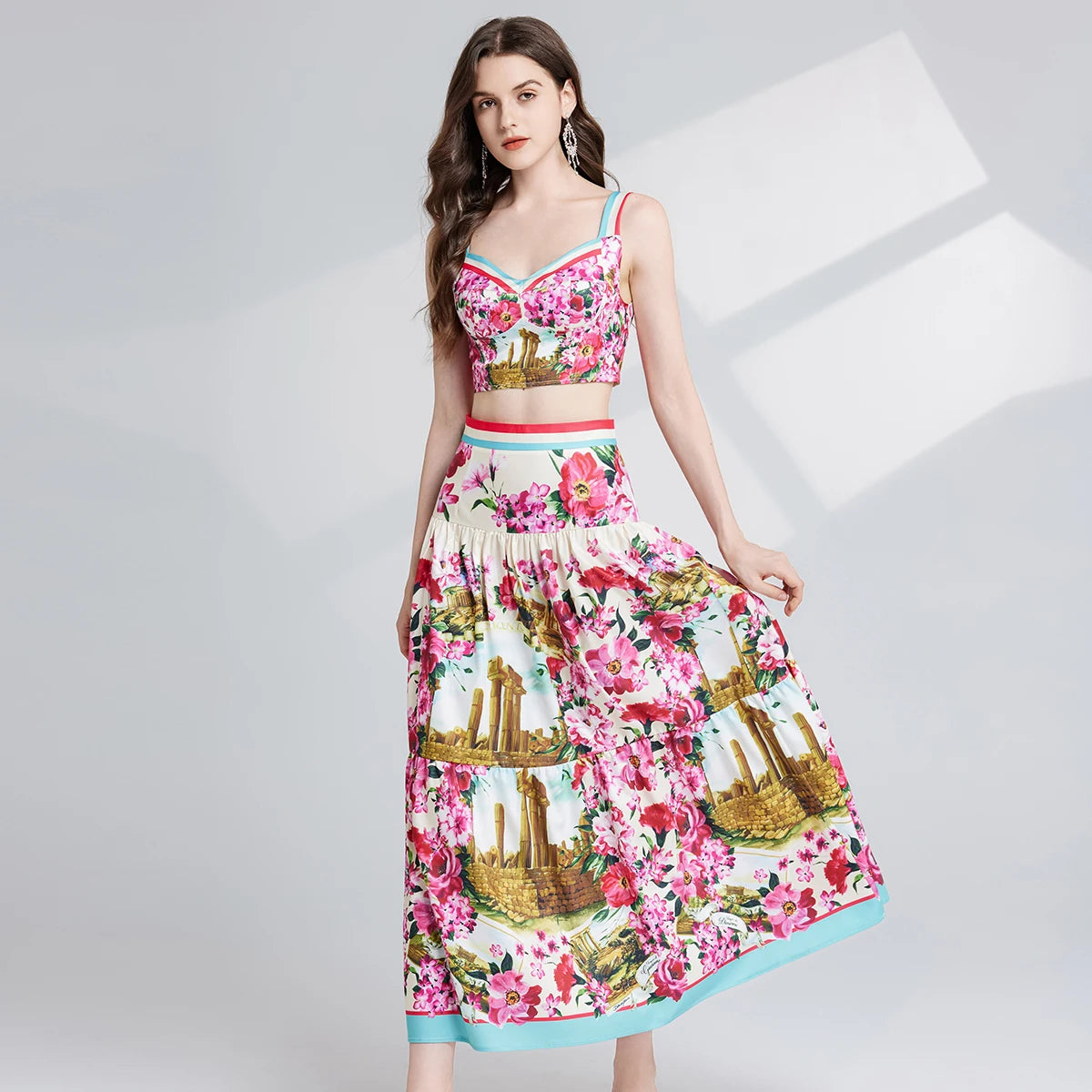 2025 Runway-Inspired Floral Print Two-Piece Set  -  Sleeveless Top & Skirt