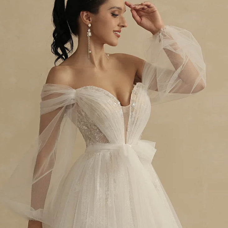 Custom A-Line Lace Wedding Dress with Off-Shoulder V-Neck and Puffy Sleeves — Elegant Bridal Gown