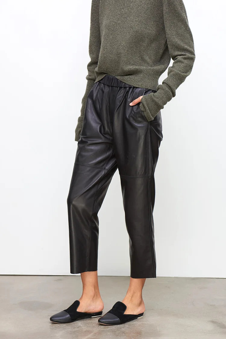 Women’s Genuine Sheepskin Leather Pants – High Waist Straight Fit Ankle-Length Trousers