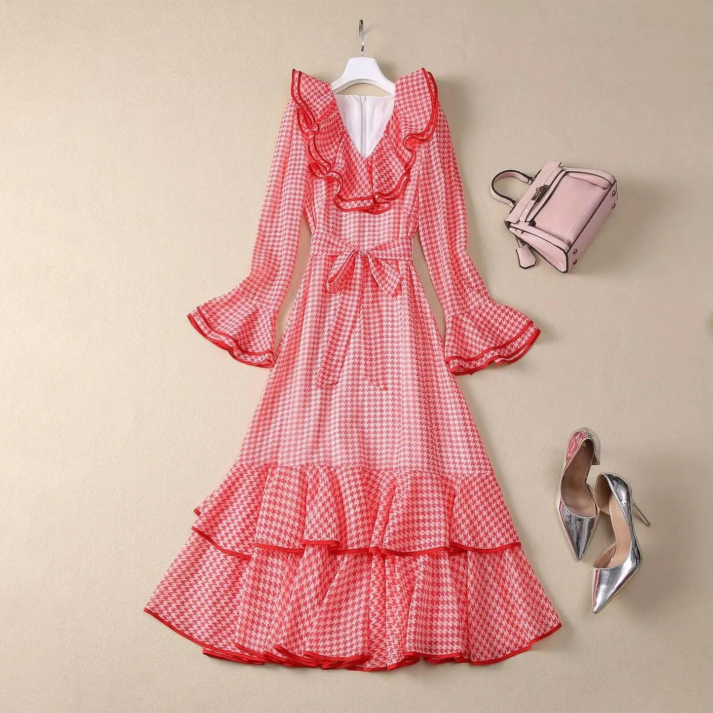 Elegant Vintage Houndstooth Midi Dress – Spring/Summer Fashion, Ruffle V-Neck with Belt, Casual Women€™s Runway Design