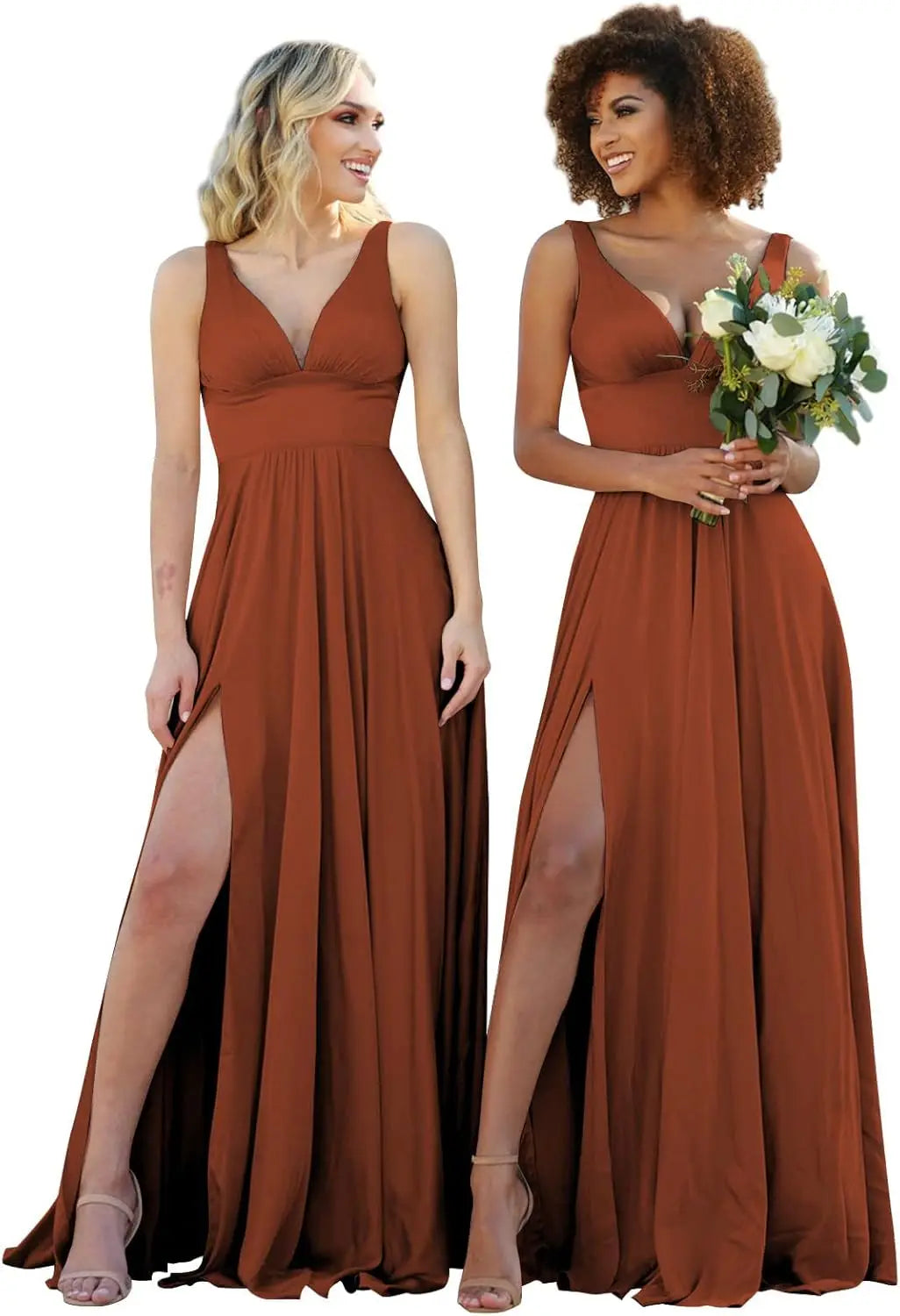 Champagne Gold Bridesmaid Dress – Elegant V-Neck Satin Chiffon Gown for Wedding, Prom & Formal Events