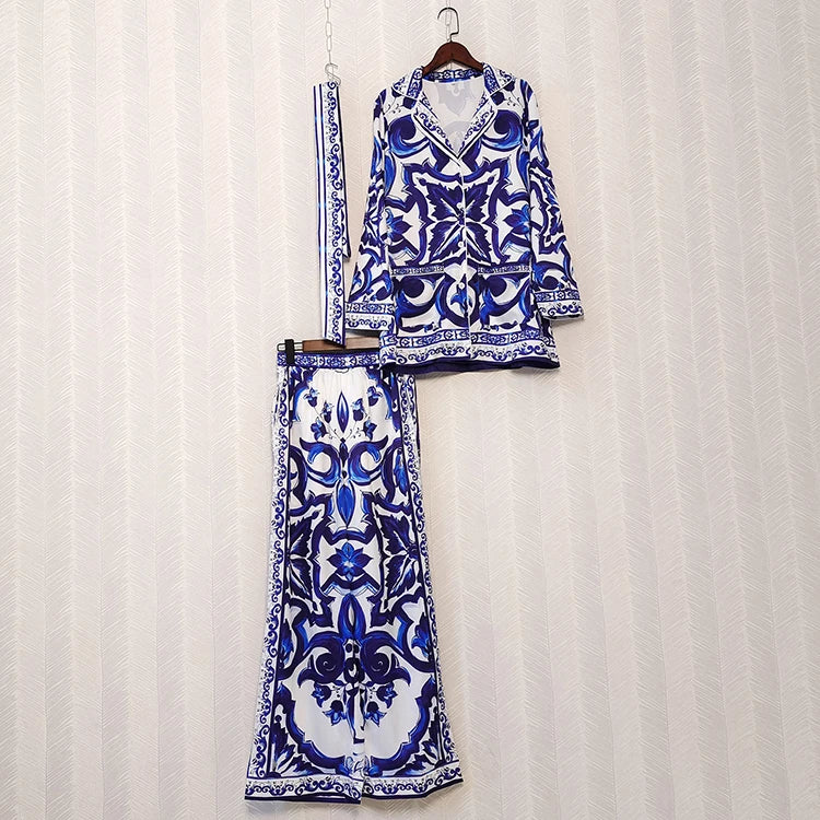 Gizelle High Street Runway Floral Print Notched Collar Blouse & Wide Leg Pants Fashion 2 Pieces Sets Women Chic Designer Outfits