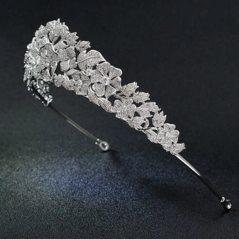 Popular Cubic Zirconia Flower Bud Wedding Tiara for Girls Sparkling CZ Bridal Headpiece for Parties & Special Occasions