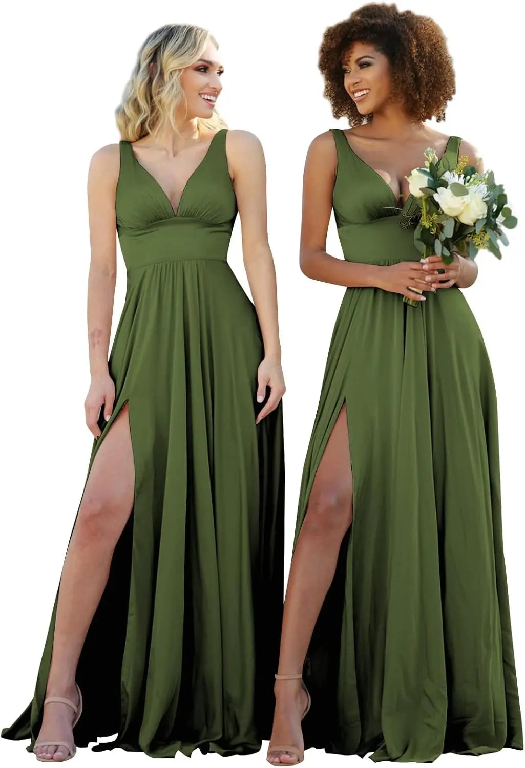 Champagne Gold Bridesmaid Dress – Elegant V-Neck Satin Chiffon Gown for Wedding, Prom & Formal Events