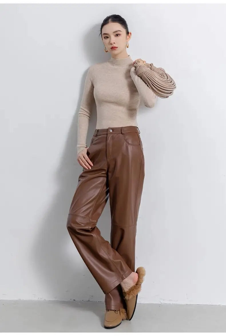 Leather Long Pants Women New Commuter Waist Slim Sheepskin Wide Leg Full Length Straight Cylinder Trousers