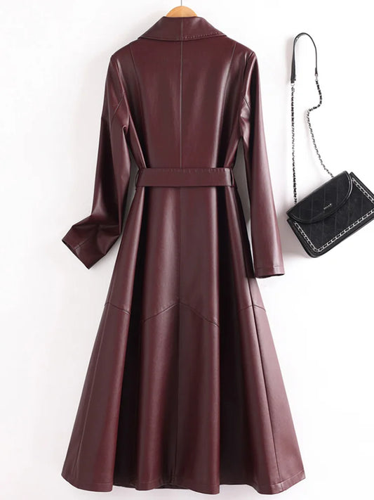 New Elegant Women’s Split Leather Trench Coat | Slim Waist Belted Long Coat with Suit Collar | Spring & Autumn Fashion Casual Outerwear - HER SHOP