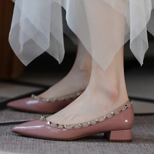 Luxury Leather Rivet High Heels | Designer Pointed Toe Square Heel Pumps for Women - HER SHOP®