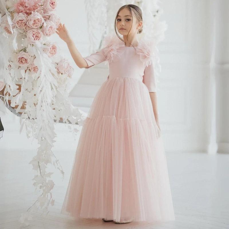 Light Pink Flower Girl Dresses Tulle With Bow Half Sleeve For Wedding Birthday Party Banquet Princess Gowns