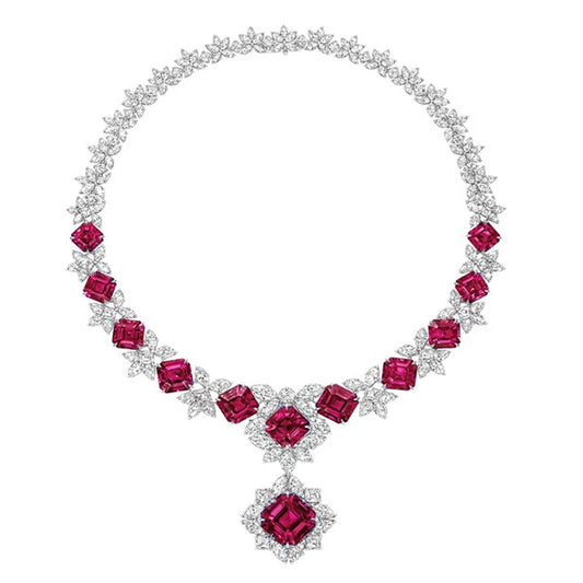 Designer 925 Sterling Silver Asscher-Cut 12MM Sapphire, Ruby, Emerald, and High-Carbon Diamond Gemstone Pendant Necklace Fine Jewelry - HER SHOP