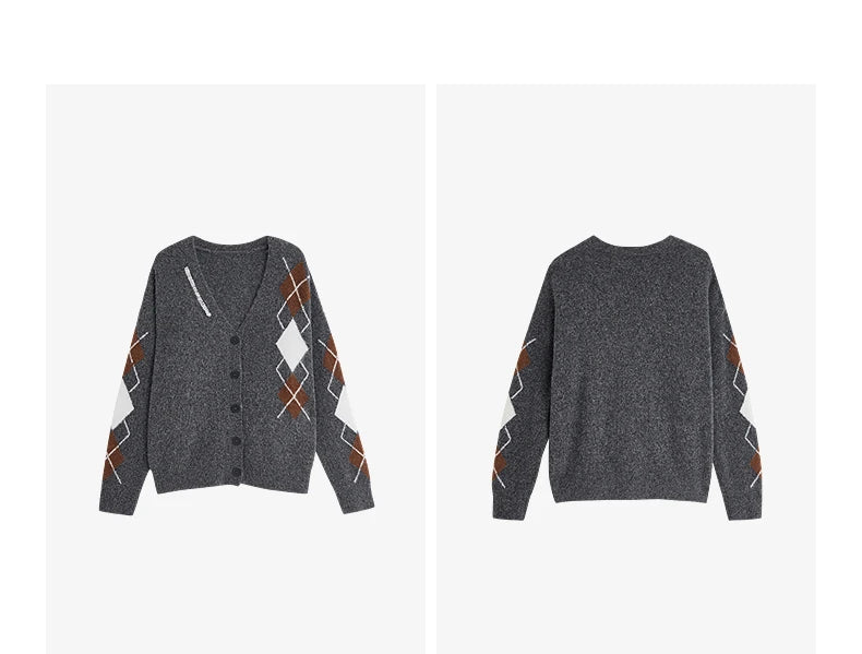 Women Knitted Sweater 2025 Autumn New Grid Pattern V Neck Single Breasted Button Knitted Cardigan Coat Gray