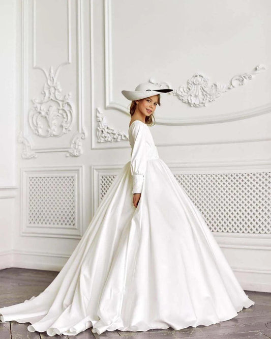 White Elegant Flower Girl Dress for Wedding Satin Floor Length Full Sleeves Kids First Communion Pageant Party Birthday Gown - HER SHOP®