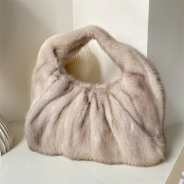 Women’s Real Mink Fur Luxury Shoulder Bag – Large Capacity Leather Crossbody Handbag