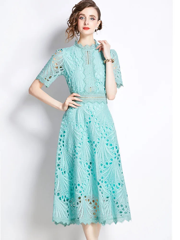 High-End Lace Hollow Out Summer Dress Women's Runway Embroidery Design Vintage Elegant Short Sleeve Dresses
