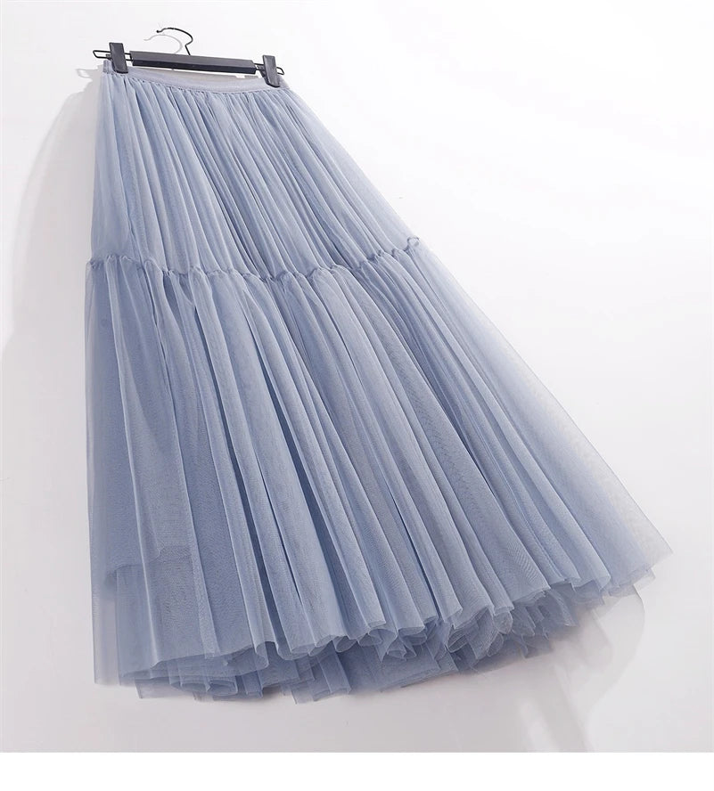 Elegant High Waist Tulle Skirt – Solid Color A-Line Mesh Tutu Skirt for Women