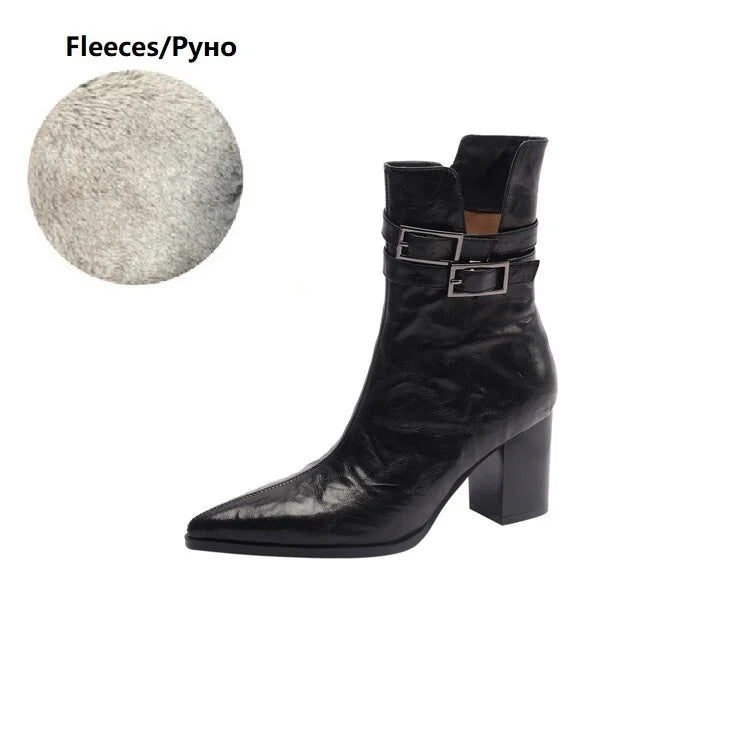 NEW Autumn Women Boots Pointed Toe Chunky Heel Boots Split Leather Shoes for Women Short Modern Boots Winter Belt Buckle Boots