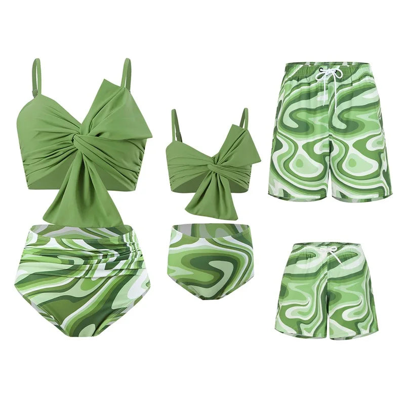 Leaf Print Swimwear Family Matching Outfits Look Mother Daughter Bikini Swimsuits Mommy and Me Clothes Dad Son Swimming Trunks