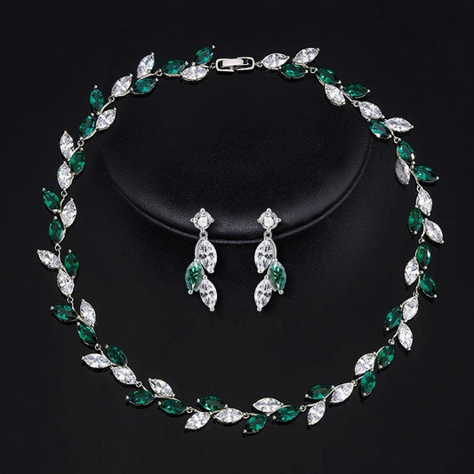 Luxury Marquise-Cut Moissanite Bridal Set - Leaf-Shaped Emerald Imitation Choker Necklace and Earrings for Wedding Parties - HER SHOP