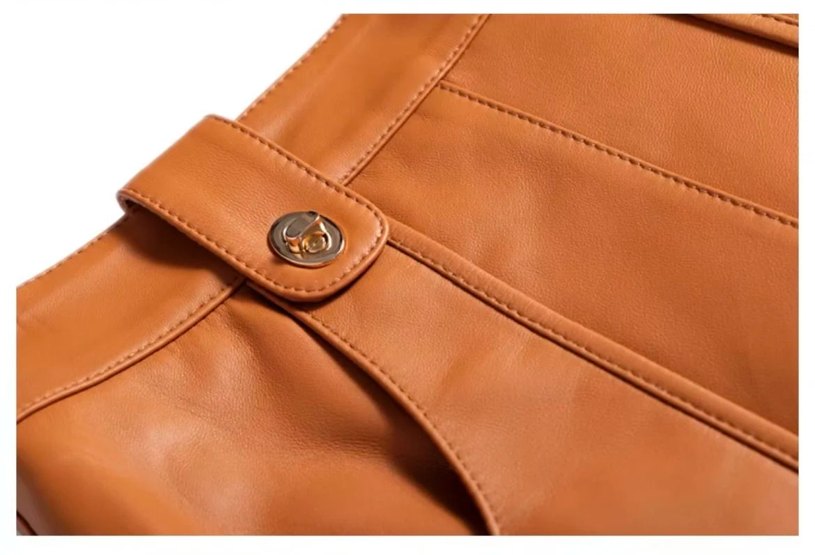Fashion New Genuine Leather Office Lady for Women Sheepskin Elastic Waist Wrap Long Faldas Mujer Mid Length Front Slit Pocket