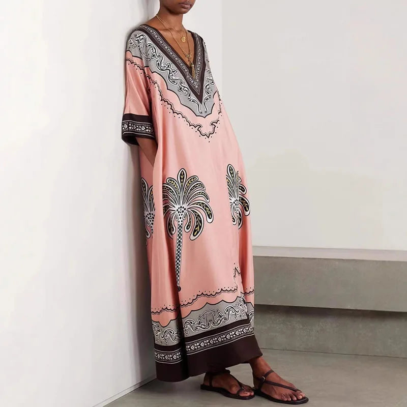 Vintage Bohemian Coconut Tree Print Dress – Autumn V-Neck Half Sleeve Loose Holiday Beach Dress for Women