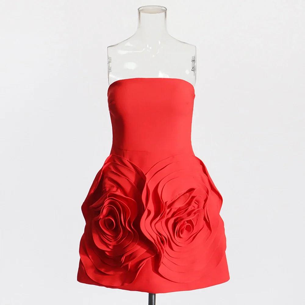 Red Strapless Mini Dress for Women - Sexy, Tight, 3D Flower Embellishment, Summer 2024 - Elegant Celebrity Party Dress