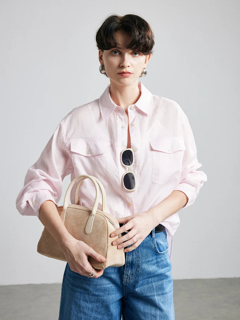 100% Ramie Loose-Fit Blouse  -  Women's Turn-Down Collar Shirt with Double Chest Pockets