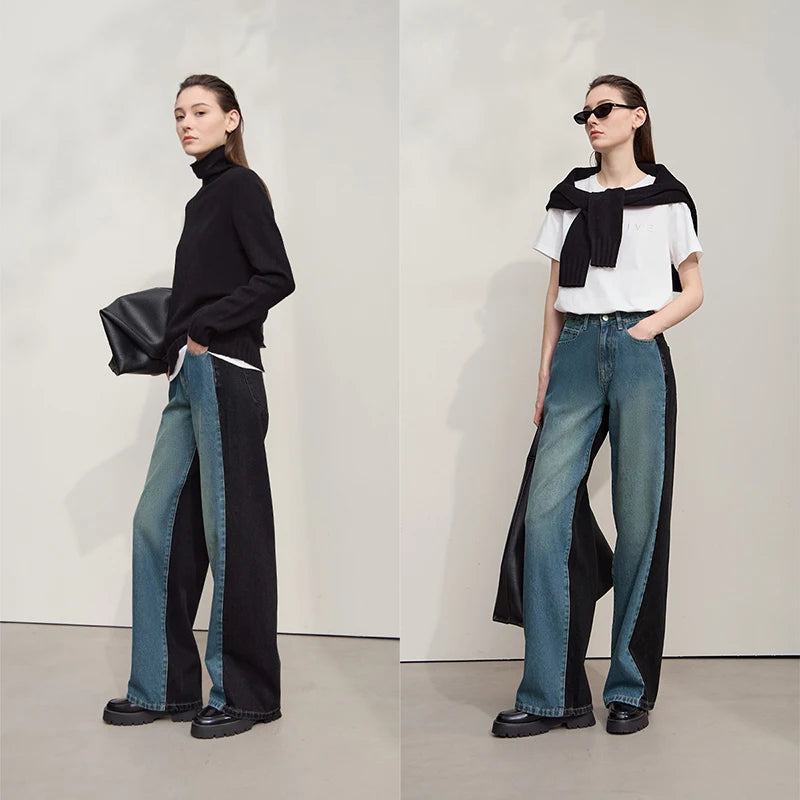 Retro Patchwork Wide-Leg Denim Jeans – Casual Loose Fit Women’s Pants